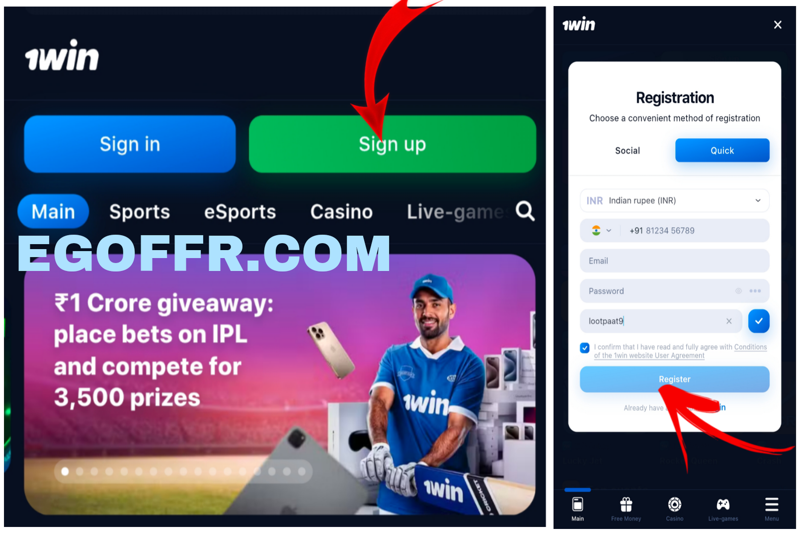 1Win साइन-अप प्रक्रिया स्क्रीनशॉट 2025